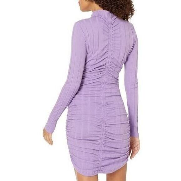Monrow Women's Sz Small Purple Flat Rib Mock Neck L/S Shirred Mini Dress - Picture 2 of 10
